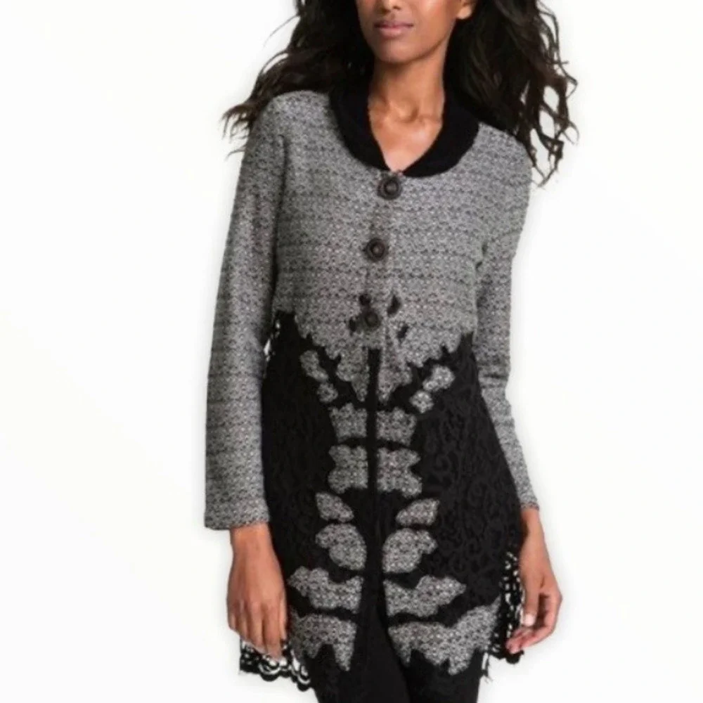 NIC+ZOE Womens Geometric Lace Trim Knit Jacket Cardigan Black White‎ Medium